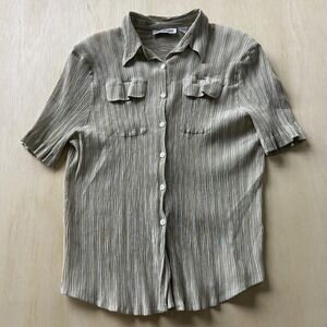 Vintage Lisa Josephs Blouse Womens XL Beige Textured Short Sleeve Button Up